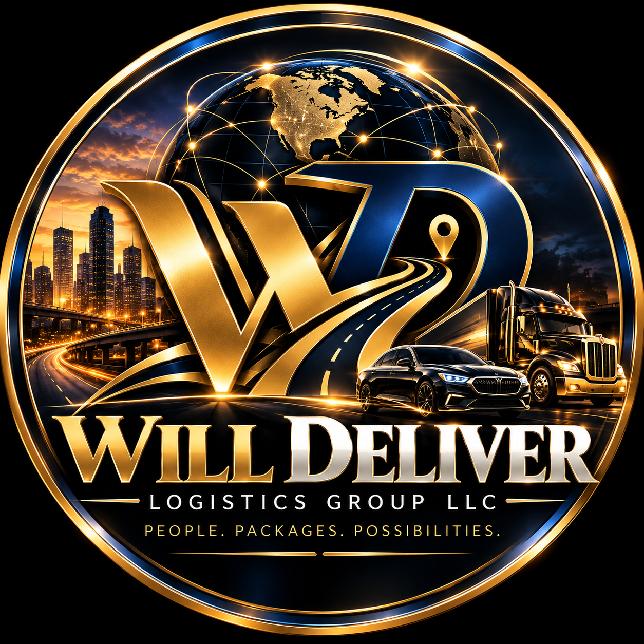 Circular gold and navy Will Deliver Logistics Group LLC emblem